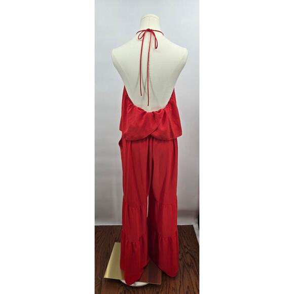 Luxe Geranium Textured Draped Keyhole Halter Jumpsuit - Picture 3 of 5